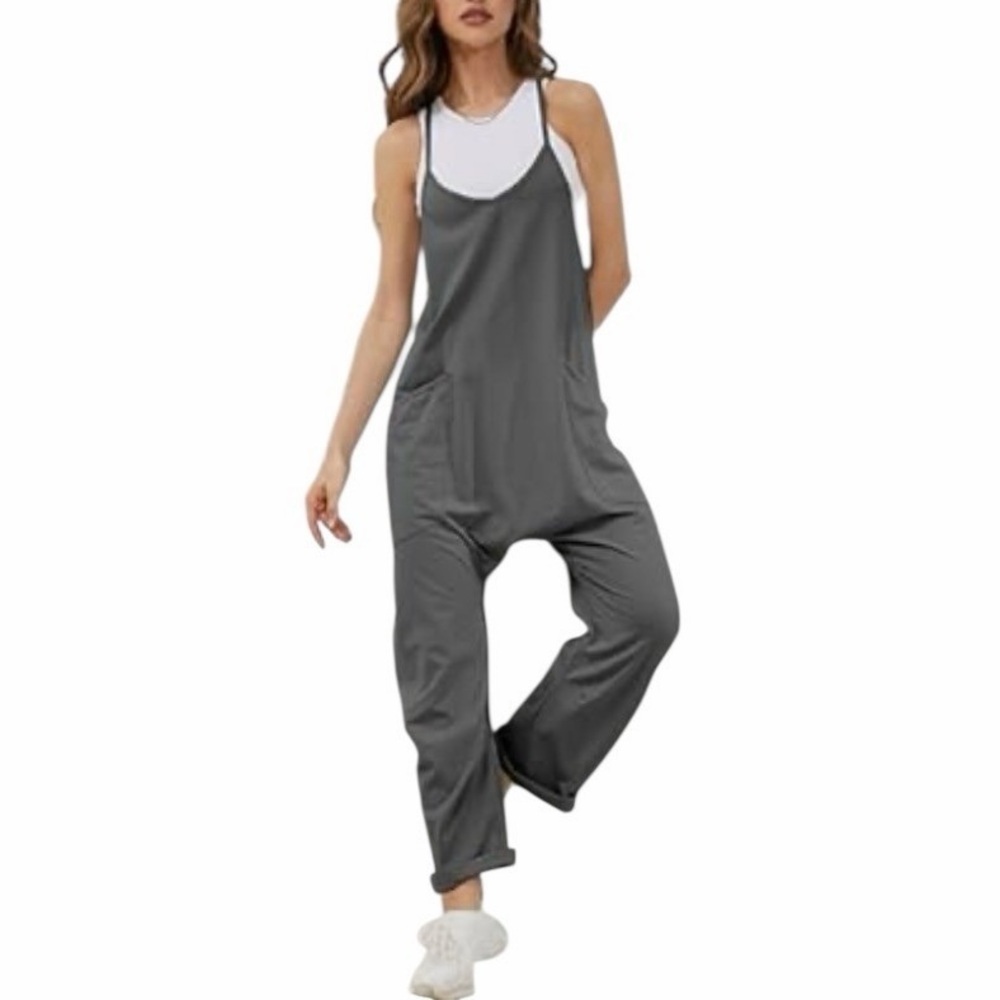 Slouchy Boho Gray Harem Jumpsuit Spaghetti Strap Pockets Comfy Small - Picture 3 of 8